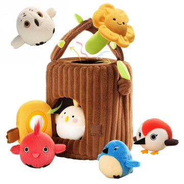 Evoceler Surprise Tree Stump with Birds, Rattle, Crinkle Paper,Squeaker & Mirror | Soft Montessori Toys for 6 Month Old Babies |