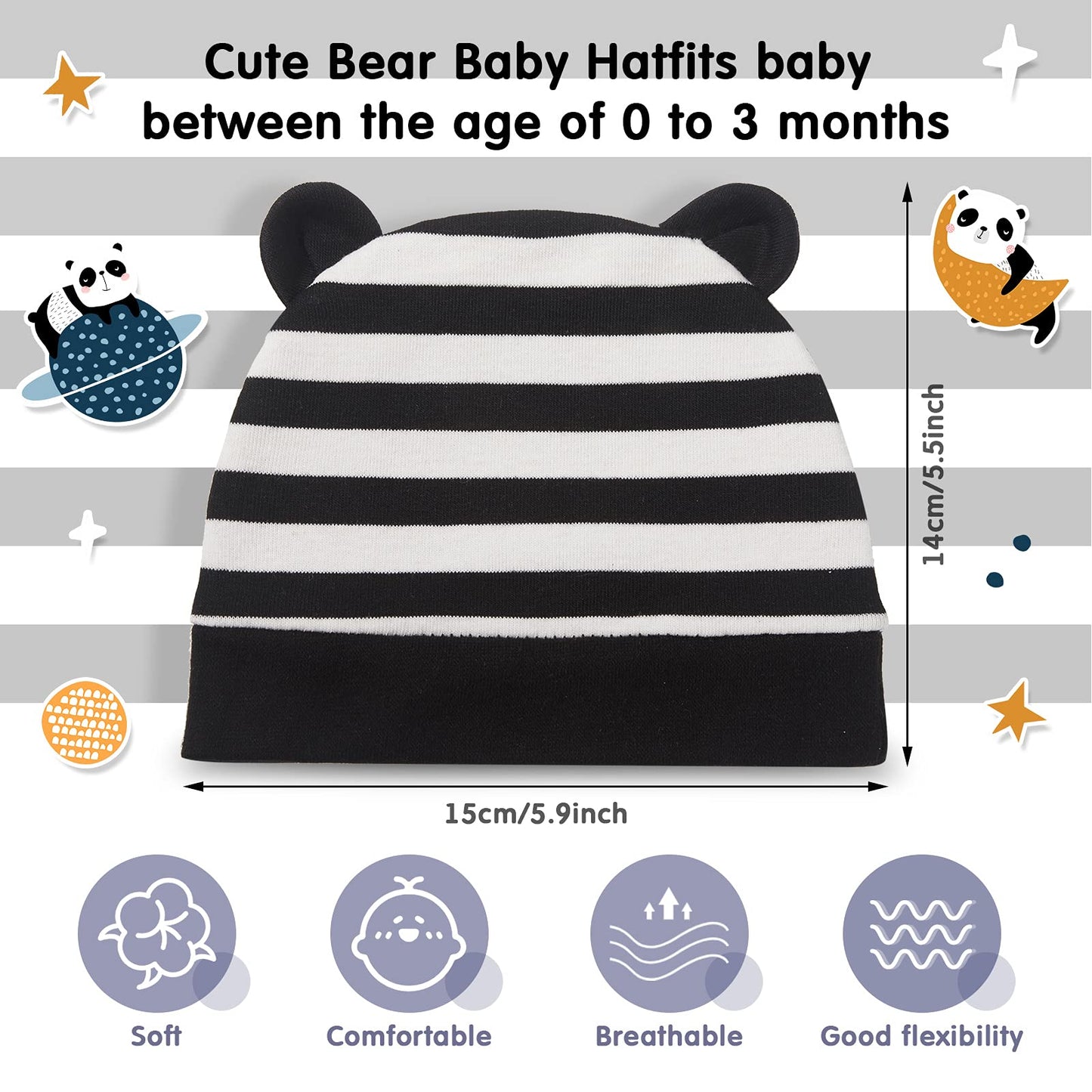 6 Pieces Newborn Baby Hat Bear Ears Infant Caps Baby Boy Girl Toddler Hats Infant Beanie Caps For 0-3 Months (Black White, Black