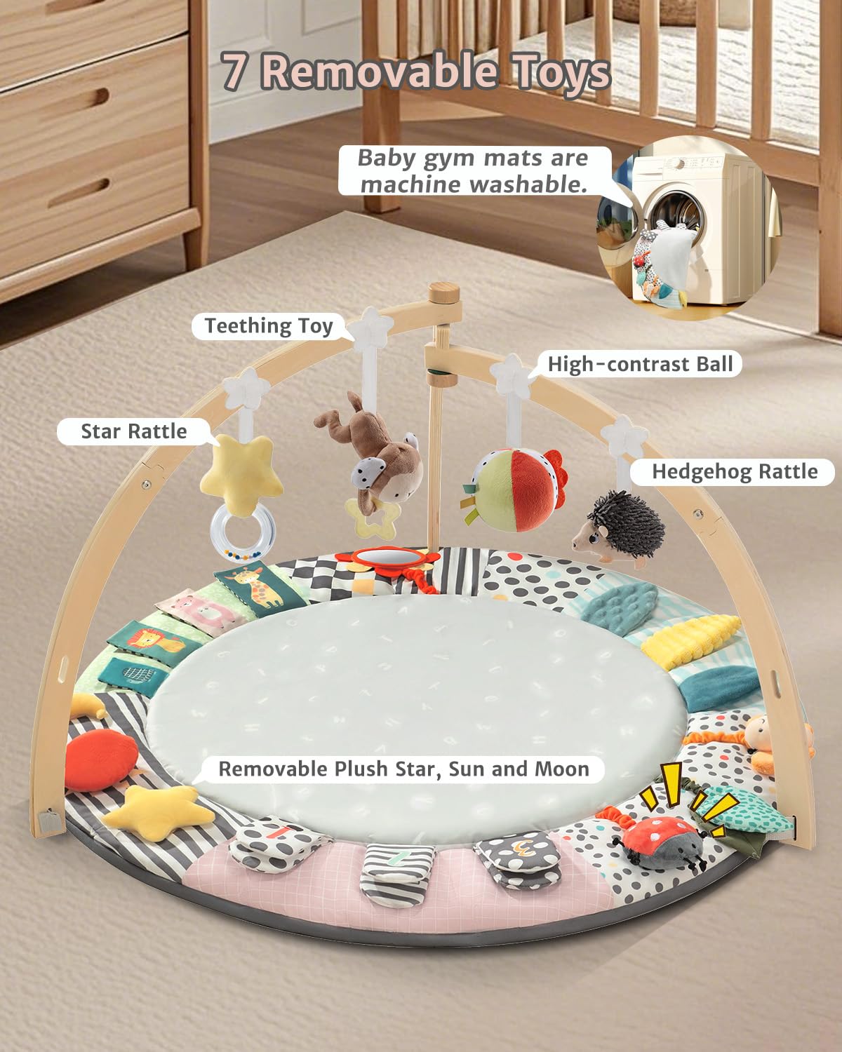 Suihuooo Baby Play Mat Activity Gym,6 Developmental Zones Tummy Time Mat, Foldable Wooden Baby Play Gym With 7 Detachable Sensor