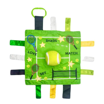 Baby Jack & Co 10x10    Tennis Sports Lovey Sensory Plush Blanket - Tag Toys for Babies - Baby Stroller Toys - Learn Shapes, Let