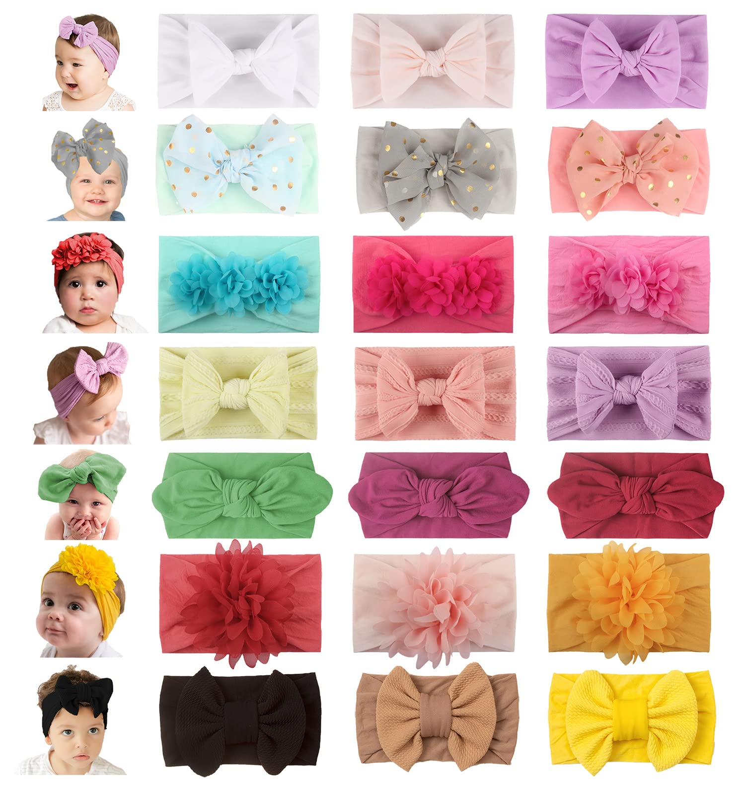 Wzt 21Pcs Baby Nylon Headbands 7 Styles Hairbands Hair Bow Elastics For Girl Headbands With Bows Newborns Infant Toddlers