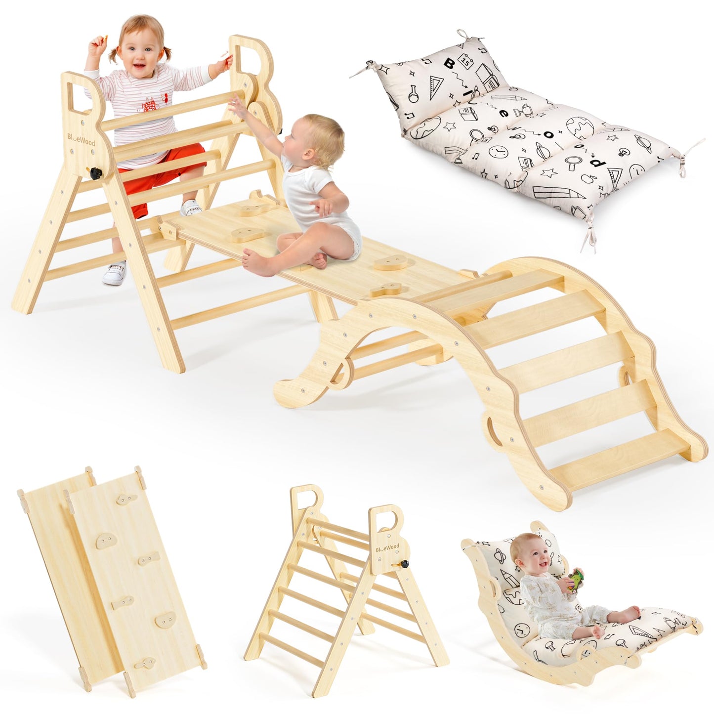 Bluewood Pikler Triangle Set With Cushion, 8-In-1 Climbing Toys For Toddlers, Montessori Philosophy Play Jungle Gym With Arch, R