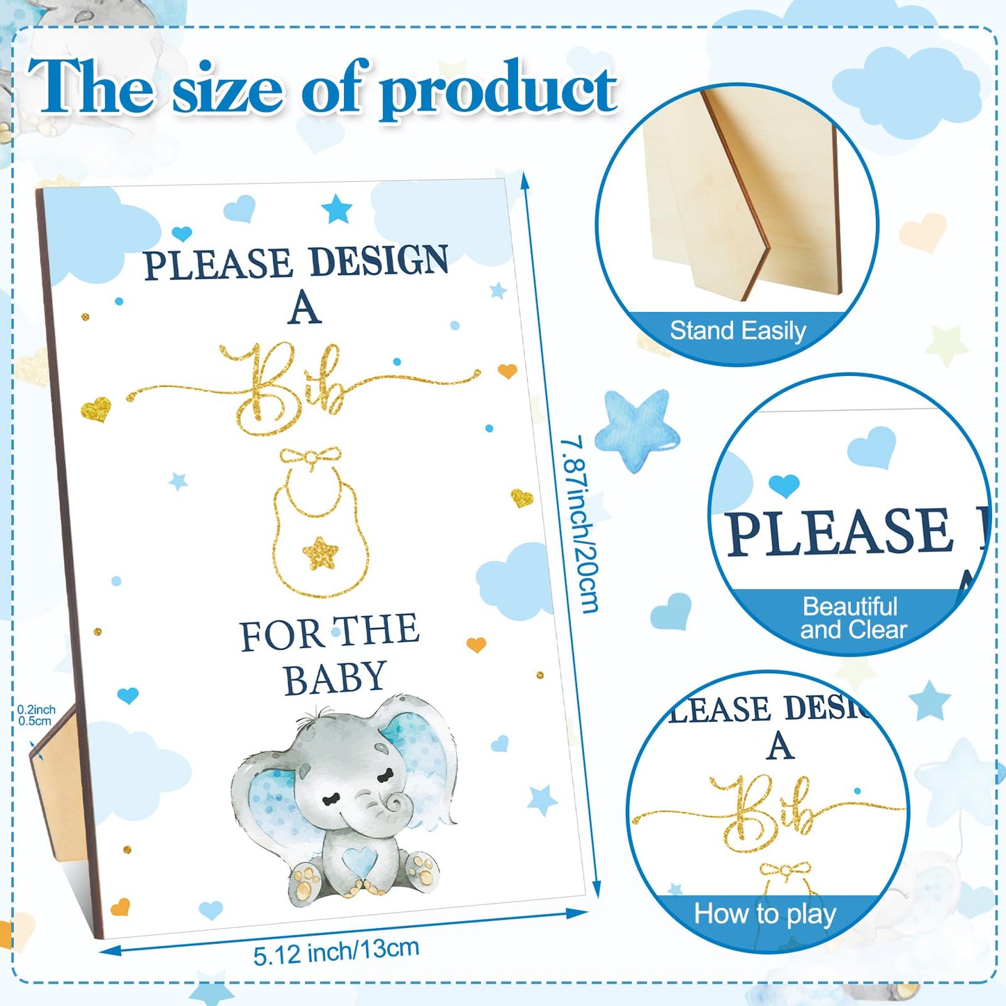 Panitay 100 Pcs Diy Baby Bibs Decorating Kit 50 White Bibs 25 Stencils 24 Fabric Markers 1 Baby Shower Game Sign(Blue Elephant)