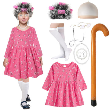 Old Lady Costume For Kids Girls 4T-5T 100 Days Of School Costume Outfit 100Th Day Of School Dress Up For Girls Kids Granny Grand