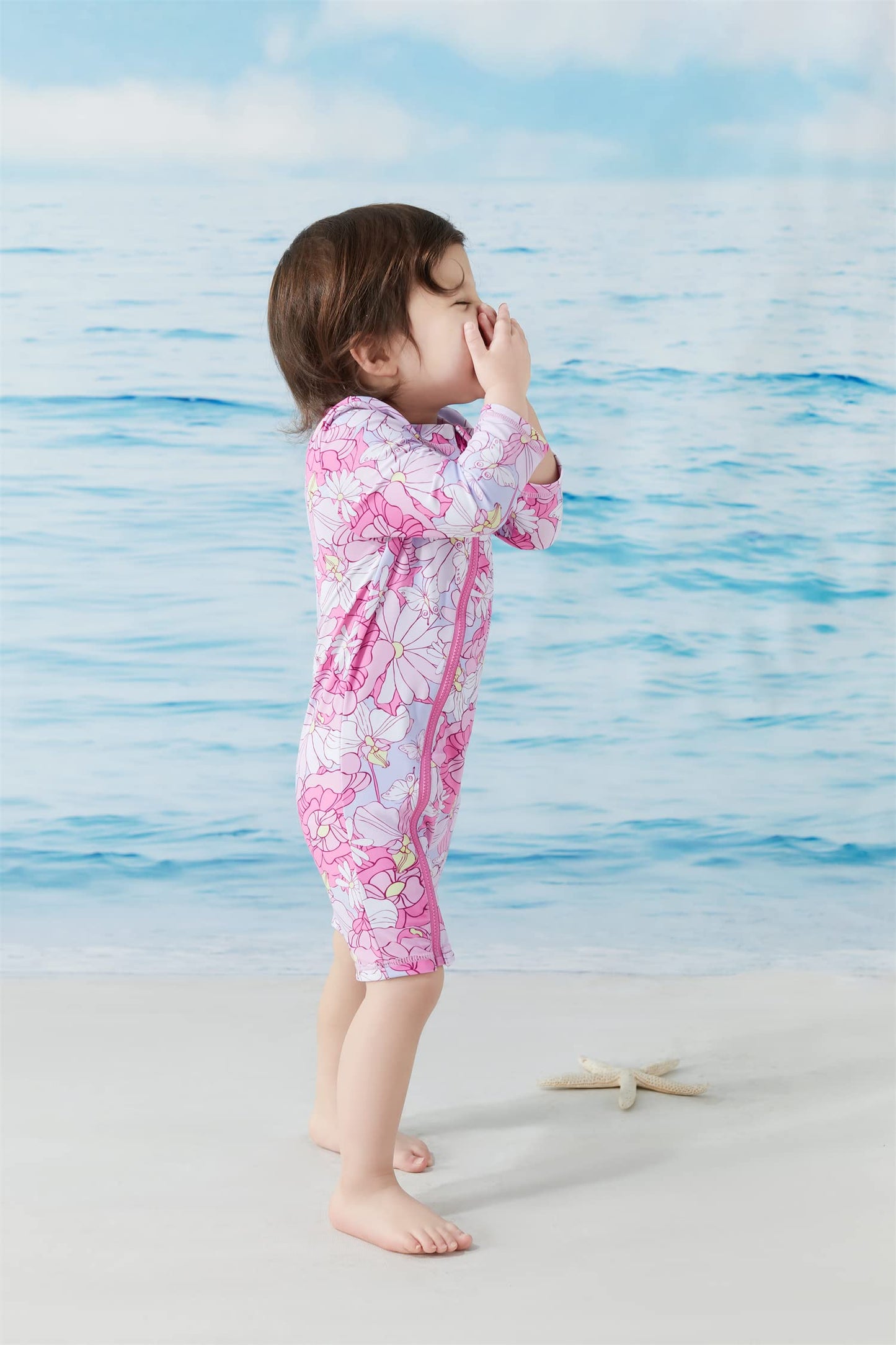 Umelok Baby Girls Swimsuit One Piece Full Zip With Long Sleeve Upf 50+ Sun Protection Sunsuit Pink Flower,12M