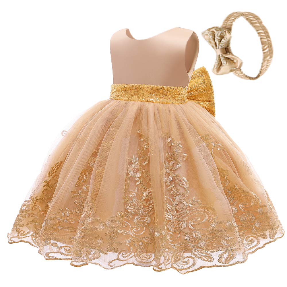 Baby Princess Girls Embroidery Dresses Toddler Lace Ruffles New Year Easter Tutu Dress With Headwear (Golden,80)