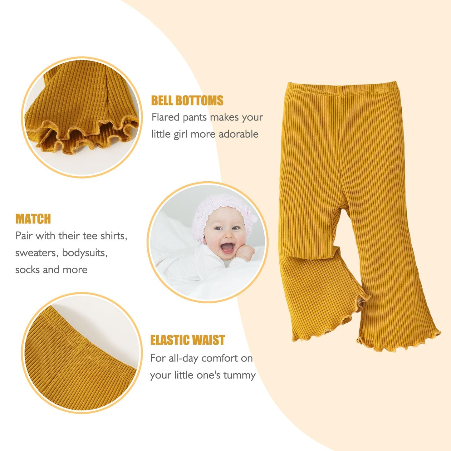 Sobowo Toddler Baby Girl Flare Pants 3 Pack Solid Ribbed Ruffle Bell Bottoms Pants Fall Outfits(Black/Yellow/Beige, 2-3T)