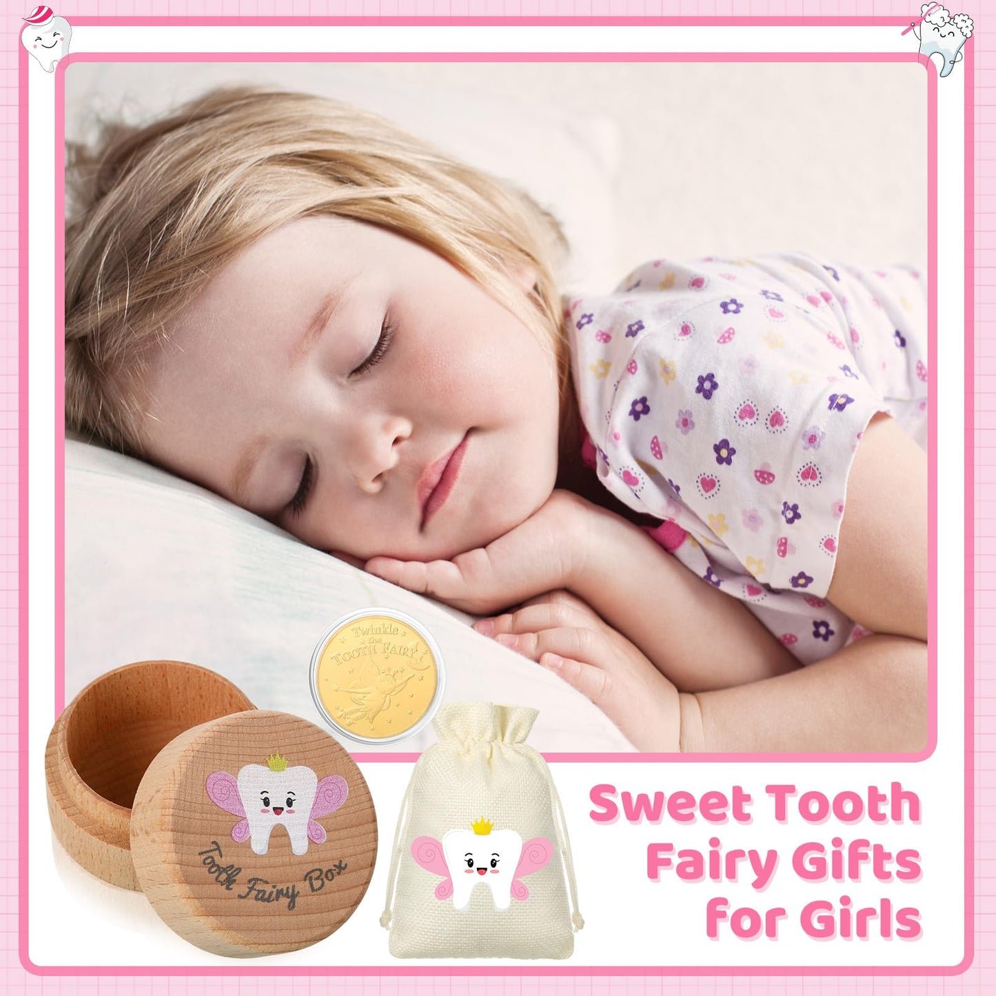 Equsion 3 Pcs Tooth Fairy Gifts For Girls And Boys Tooth Fairy Box Coin Unicorn Bag With Gold Foil Reward Coins Wood Baby Keepsa