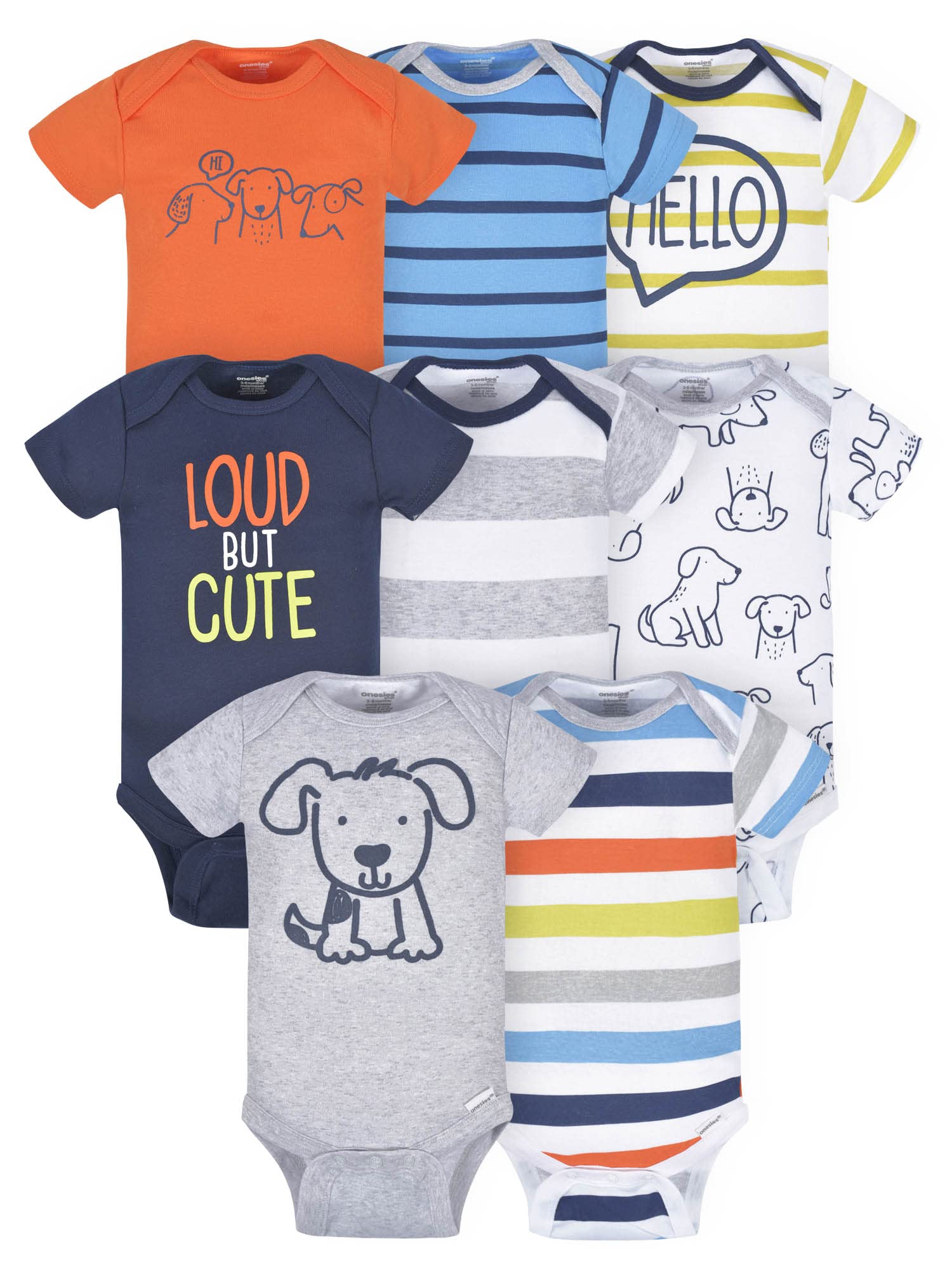 Onesies Brand Baby Boys' 8-Pack Short Sleeve Mix & Match Bodysuits, Loud Cute Dog, 12 Months