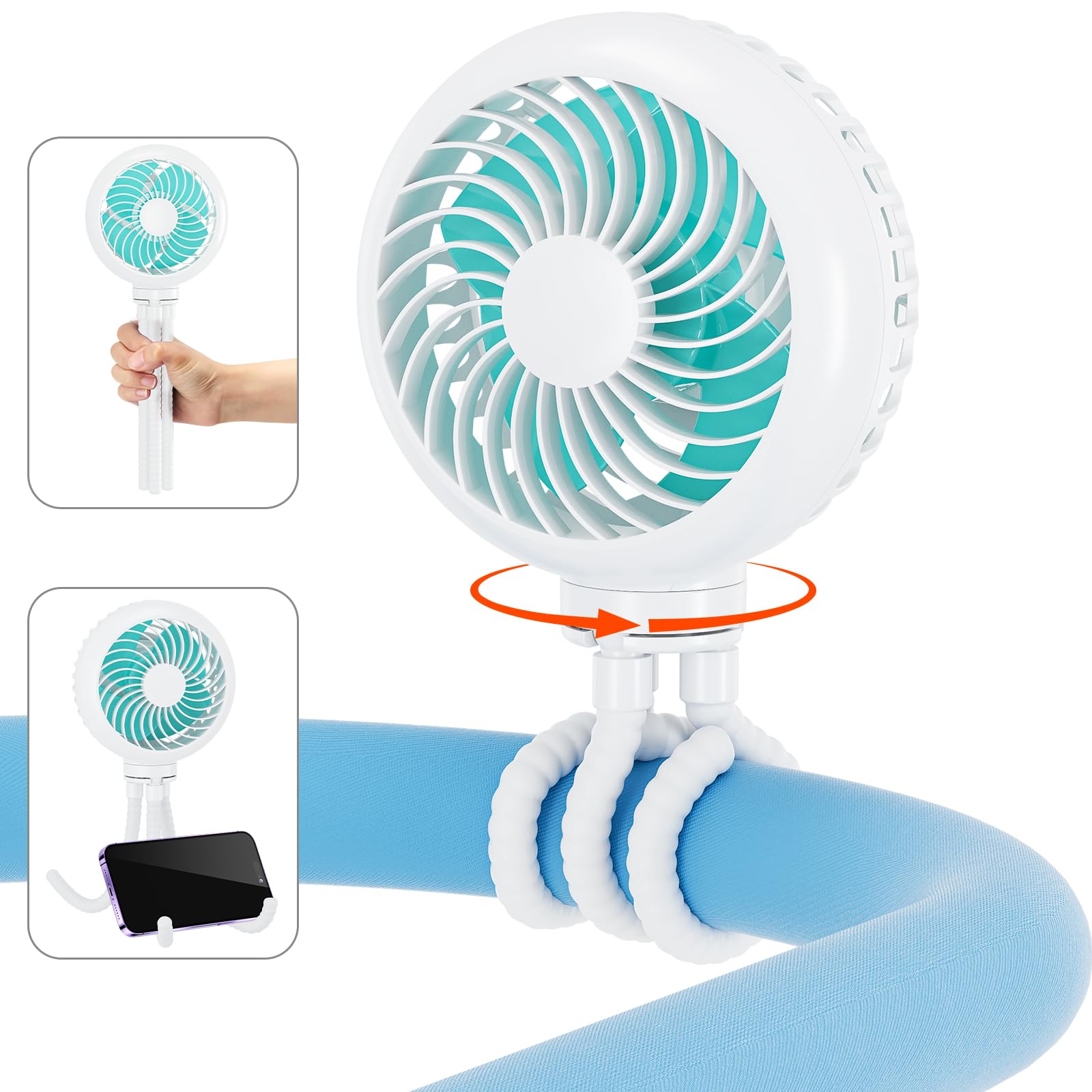 HandFan Portable Stroller Fan [Max 31 Working Hours], Attachable Stroller Fan Clip on for Baby, 4000mAh Rechargeable Battery, 36