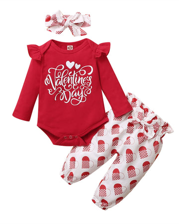 Baby Girl Clothes Valentines Day Outfits Infant Red Love Heart Shirt Bodysuit Long Pants Set Toddler Valentines Gifts 12-18 Mont