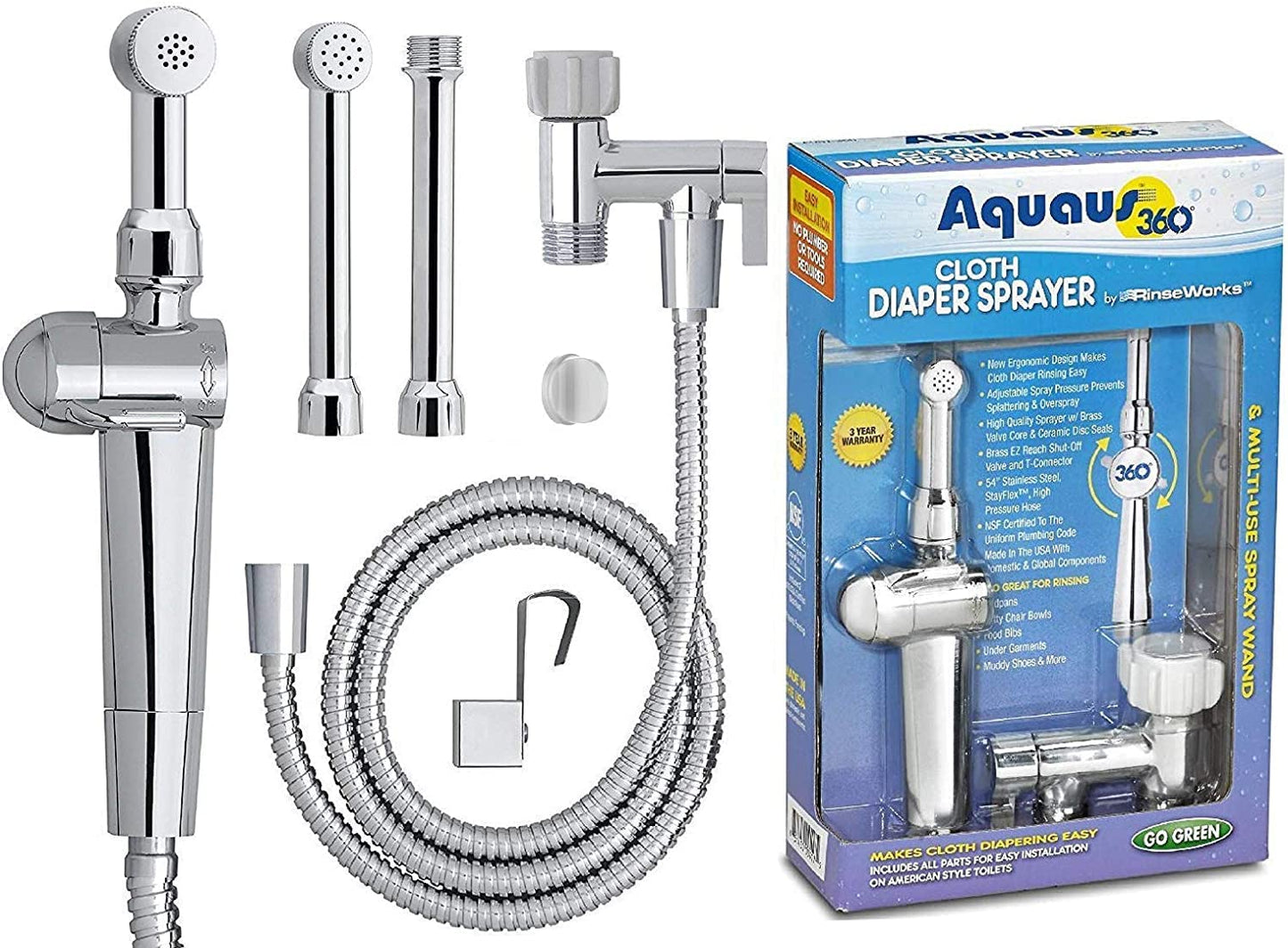 Rinseworks - Patented Aquaus 360 Diaper Sprayer - Nsf Certified For Legal Installation - 3 Year Warranty - Dual Spray Pressure C