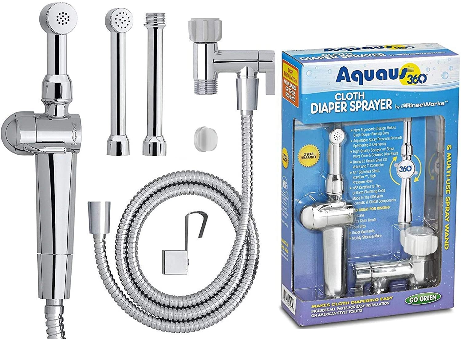 Rinseworks - Patented Aquaus 360 Diaper Sprayer - Nsf Certified For Legal Installation - 3 Year Warranty - Dual Spray Pressure C