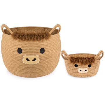 Hkojewp Highland Cute Cow Basket Set for Nursery, Woven Storage Cotton Rope Basket, Baby Blanket 0rganizer with Ears Handles, Bl