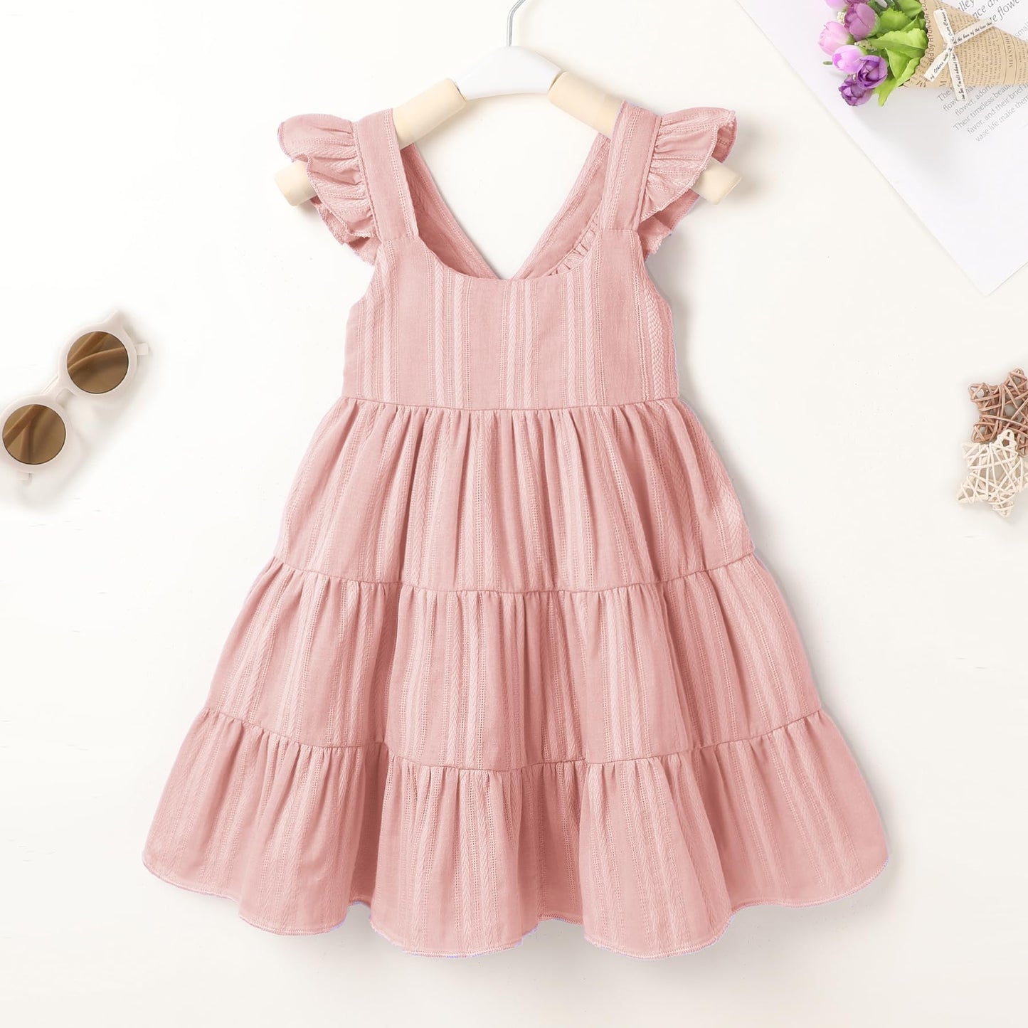 Younger Tree Toddler Baby Girl Dress Summer Outfits Flutter Sleeve Smocked Dress Kids Causal Boho Dresses Clothes (6-7T, Pink Dr