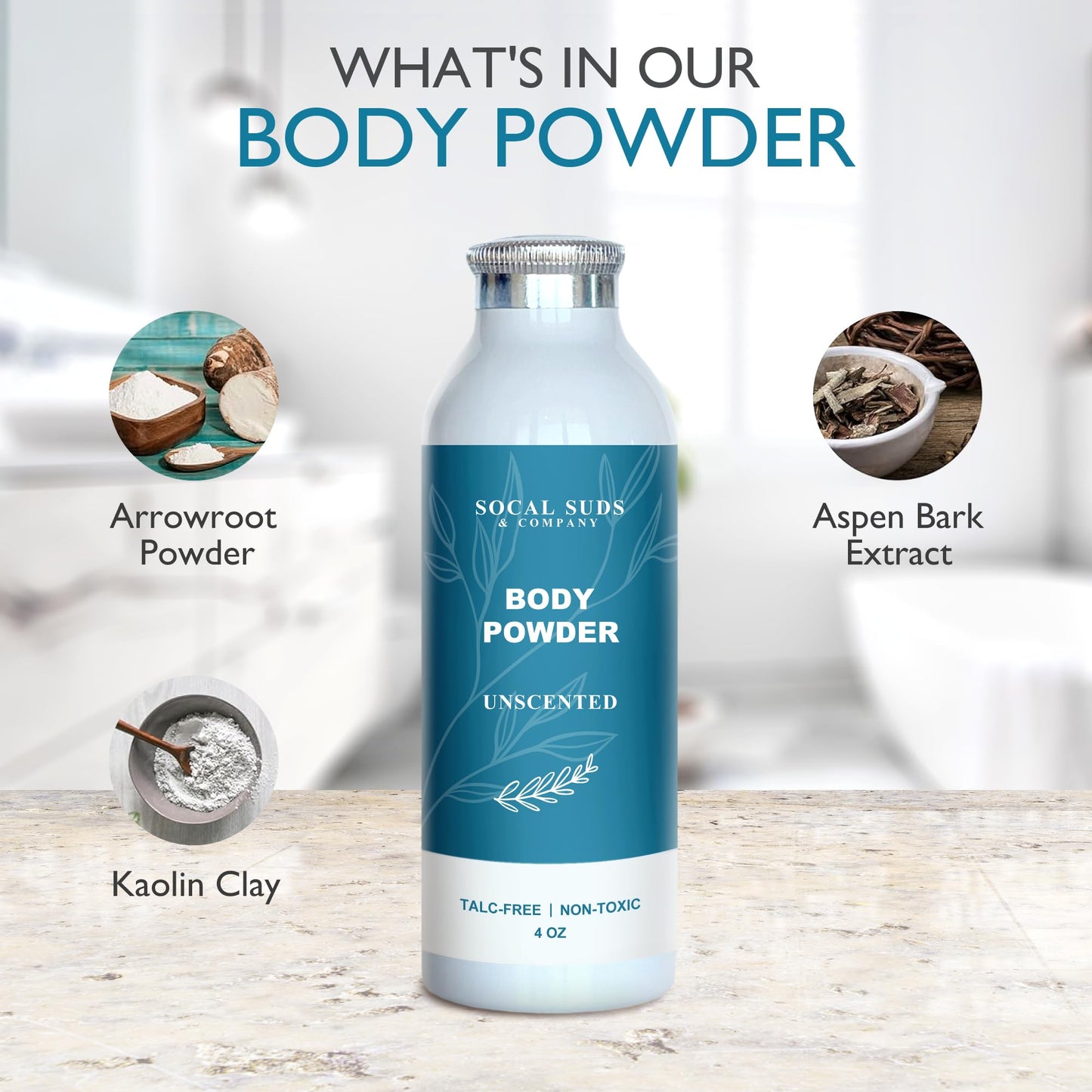 Socal Suds & Company - Natural & Organic Body Powder Talc-Free - With Arrowroot Powder, Kaolin, Aspen Bark Extract For Soft Soot