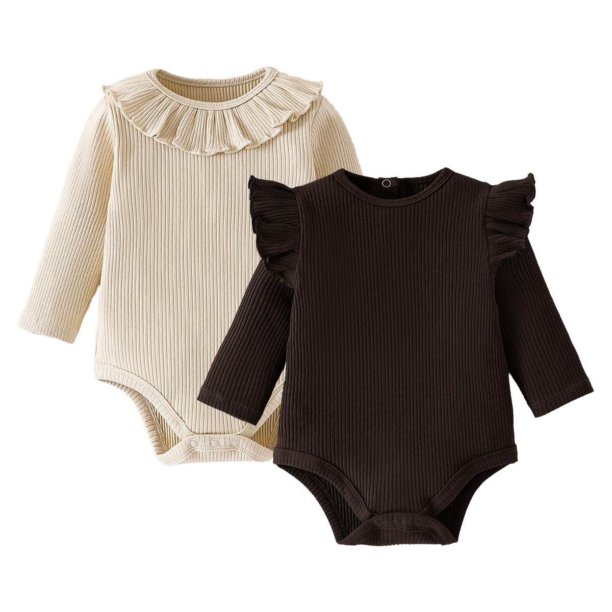 Romperinbox Baby Girl Bodysuit 2 Pack, Long Sleeve Ribbed Knitted Onsies Ruffle Collar And Flutter Sleeve Fall Winter Clothes, B