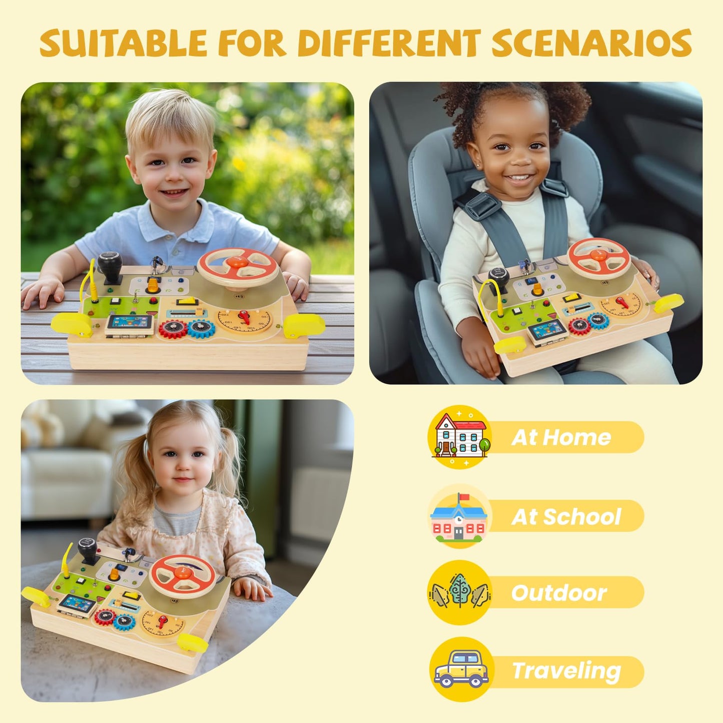 Montessori Busy Board for Toddlers Baby Busy Board Car Steering Wheel Wooden Sensory Board Travel Toys for Fine Motor Skill Gift