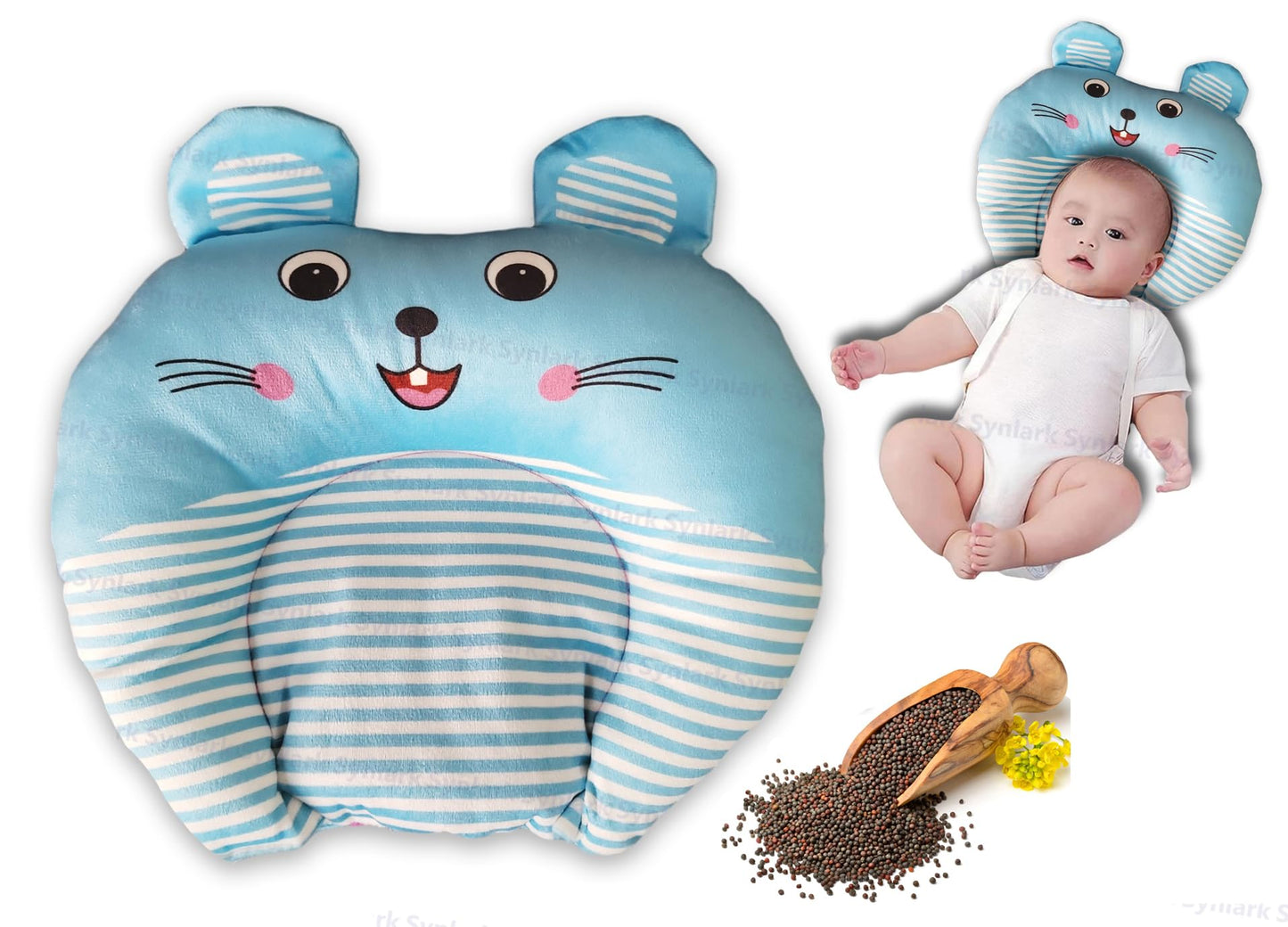 Synlark Baby Mustard Seed Pillow With Supersoft Fur Fabric | 018 Months | Cartoon Print Infant Head Support Cushion (Blue)