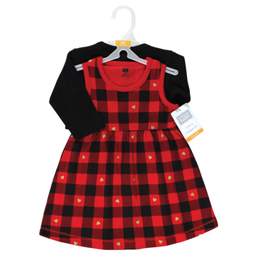 Hudson Baby Baby Girls Hudson Cotton And Cardigan Set, Gold Heart Buffalo Plaid, 0-3 Months Casual Dress, Gold Heart Buffalo Pla