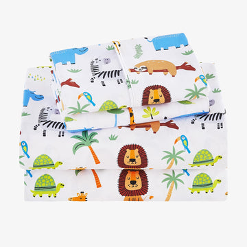Viviland 3 Pieces Girls Boys Wild Forest Animals Twin Sheet Set - Soft Microfiber Fitted Flat Sheets & Pillowcase - Kids Lion El