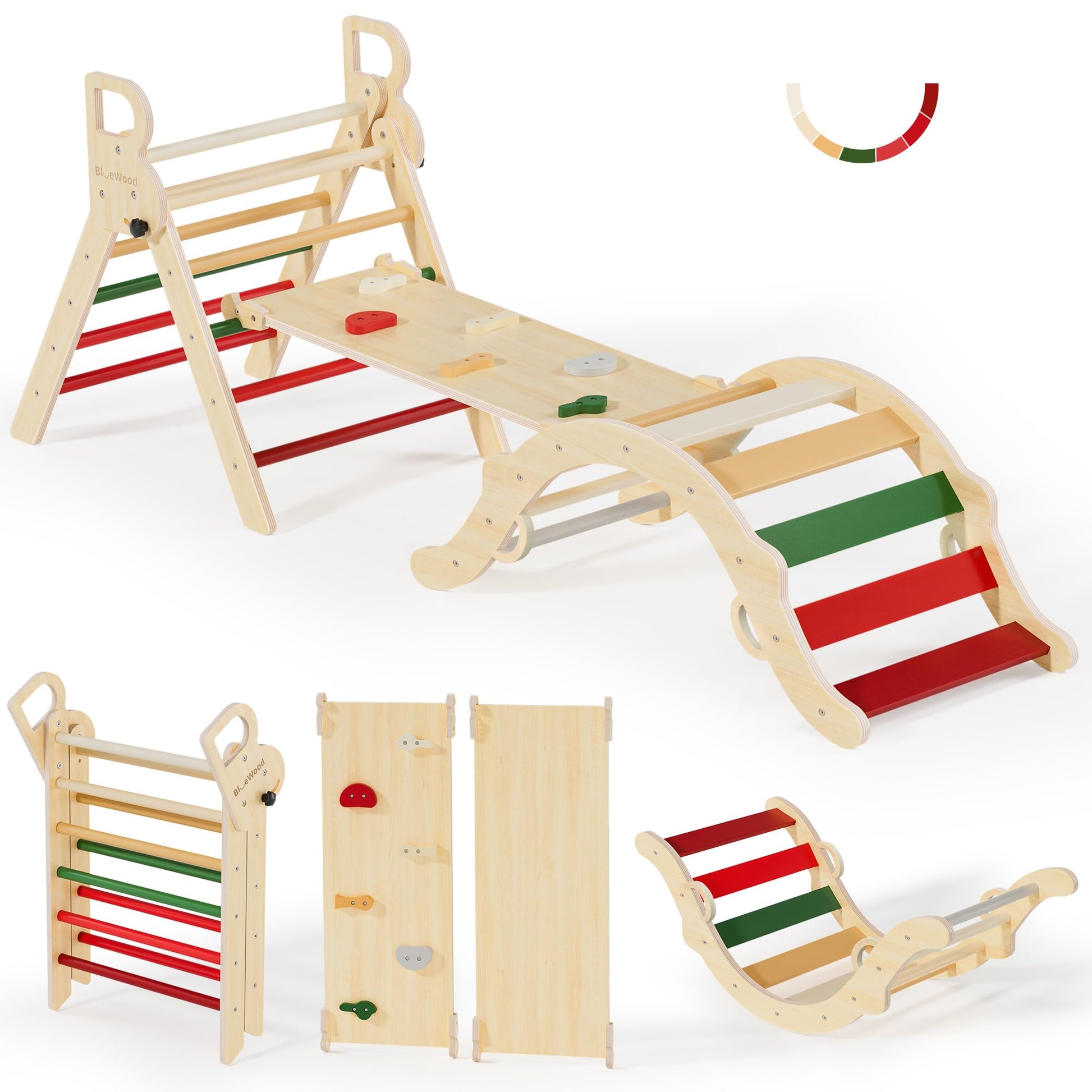 Bluewood Pikler Triangle Set, Toddler Wooden Climbing Toys Indoor 7In1 Foldable Climber For Kids, Montessori Philosophy Play Jun