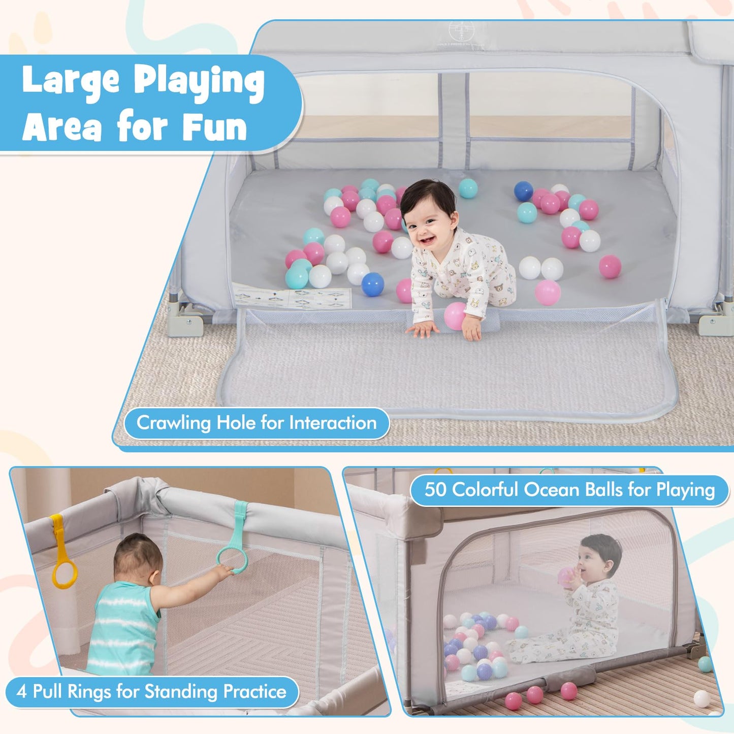 Costzon Foldable Playpen For Babies, 59''X59'' Portable Baby Playpen With 50 Pcs Ocean Balls, 4 Handles, Carry Bag, Visible Mesh