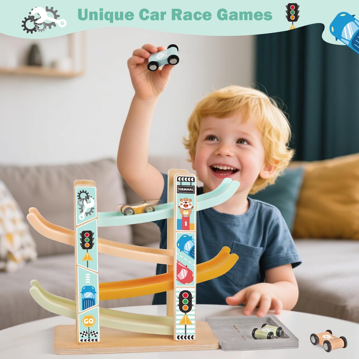 Wooden Montessori Toys for Toddlers 1-3, Baby Pounding Hammering Toy with Xylophone & Fishing Game, Car Ramp Racer, Stacking Blo