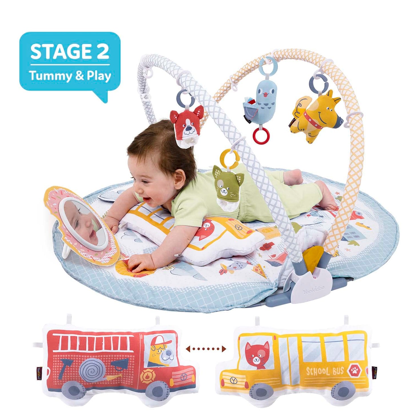 Yookidoo Baby Gym Urban Lay To Sit-Up Playmat. 3-In-1 Newborns Activity Center With Tummy Time Toys, Pillow & Infant Miror. 0-12