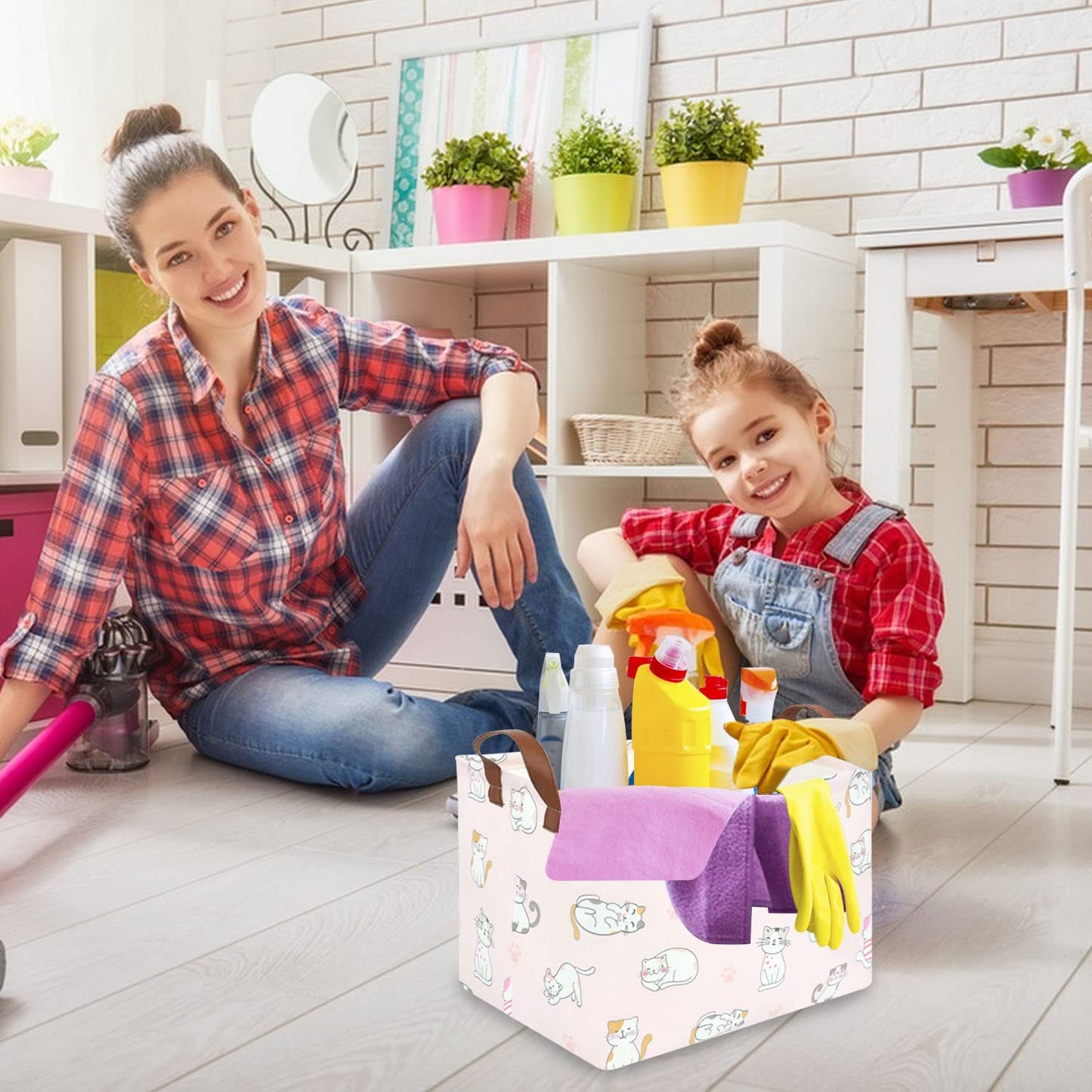 Fxolcshe Rectangular Pink Cat Baskets,Cute Kids Toy Storage Basket Bin,Pink Gift Organizer,Toys Box,Toy Organizer,Baby Nursery,E