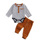 2Pcs/Set Newborn Baby Boys Outfit Long Sleeve Striped Bodysuit Romper Solid Pants Fall Winter Clothes (Khaki, 12-18 Months)