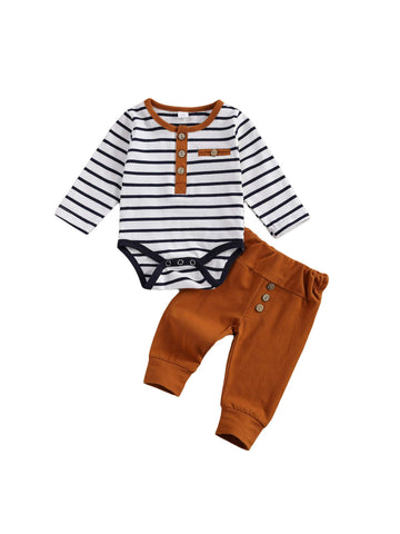 2Pcs/Set Newborn Baby Boys Outfit Long Sleeve Striped Bodysuit Romper Solid Pants Fall Winter Clothes (Khaki, 12-18 Months)