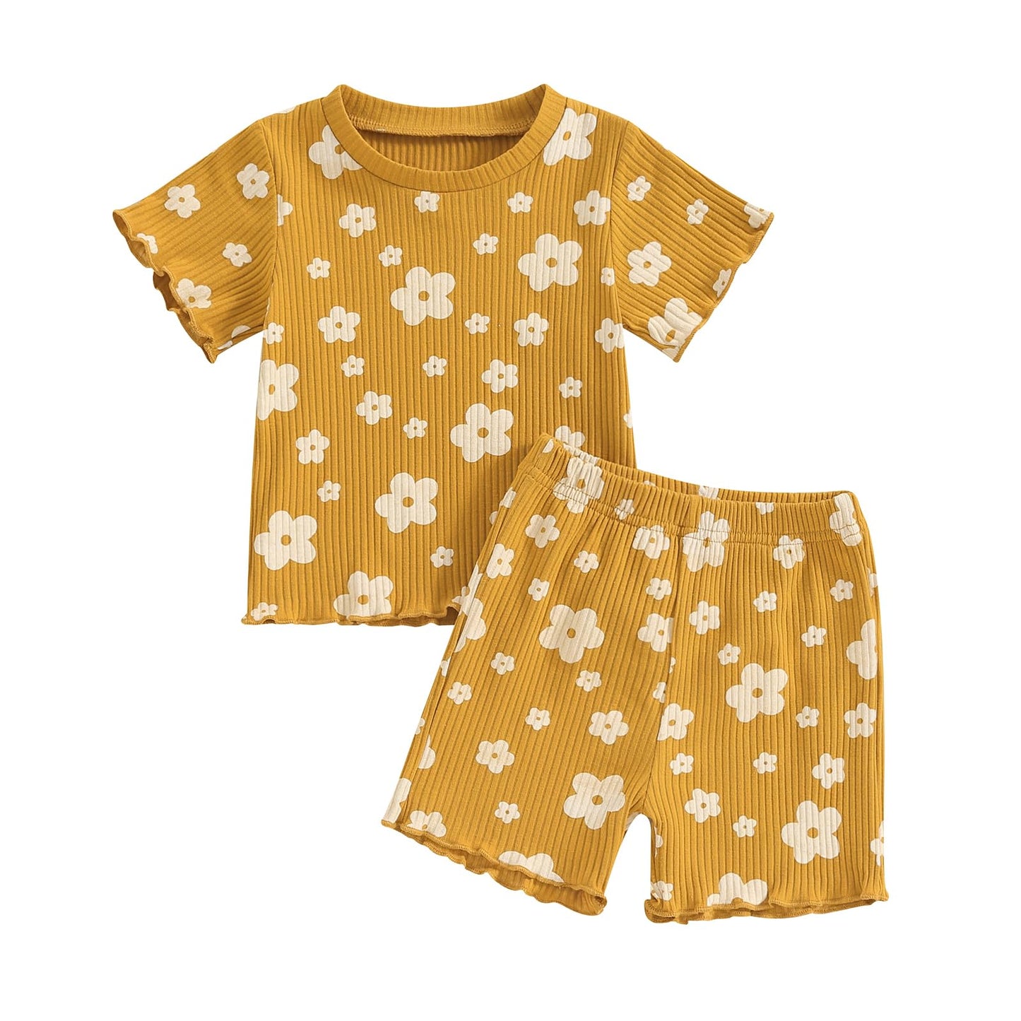 Kupretty Toddler Baby Girl Summer Clothes Ruffle Ribbed Knit Short Sleeves T-Shirt Tops + Shorts Cute Outfits Set (Ruffle Flower
