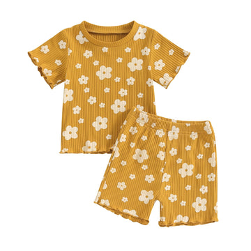 Kupretty Toddler Baby Girl Summer Clothes Ruffle Ribbed Knit Short Sleeves T-Shirt Tops + Shorts Cute Outfits Set (Ruffle Flower
