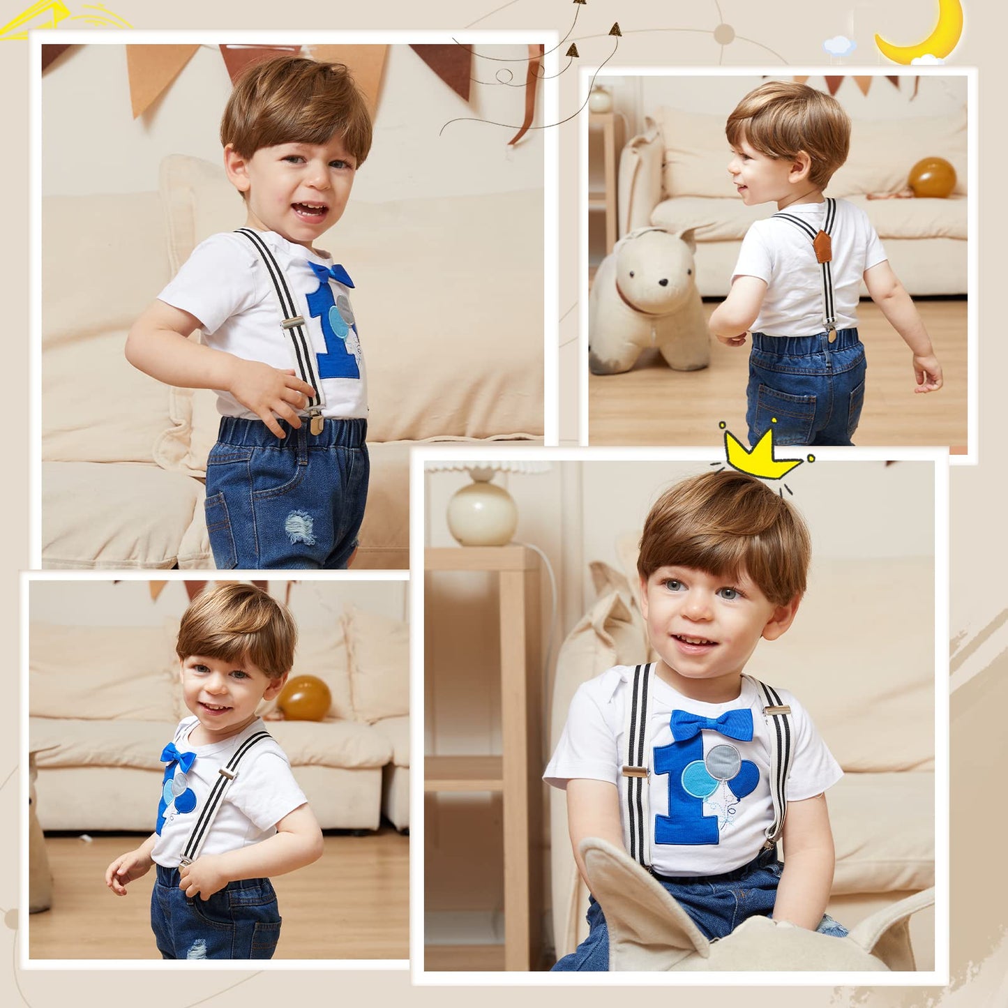 Pinleck Toddler Baby Boy Birthday Clothes Set Bowtie Romper Suspenders Ripped Denim Pants Outfits Gifts (Birthday Balloon-1Short