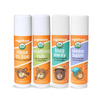 Oogiebear Organic Baby Balm 4-Pack - Nose-To-Toe Balm, Breathing Rub, Bug Away Balm & Sleep Balm - Natural & Organic Soothing Ca