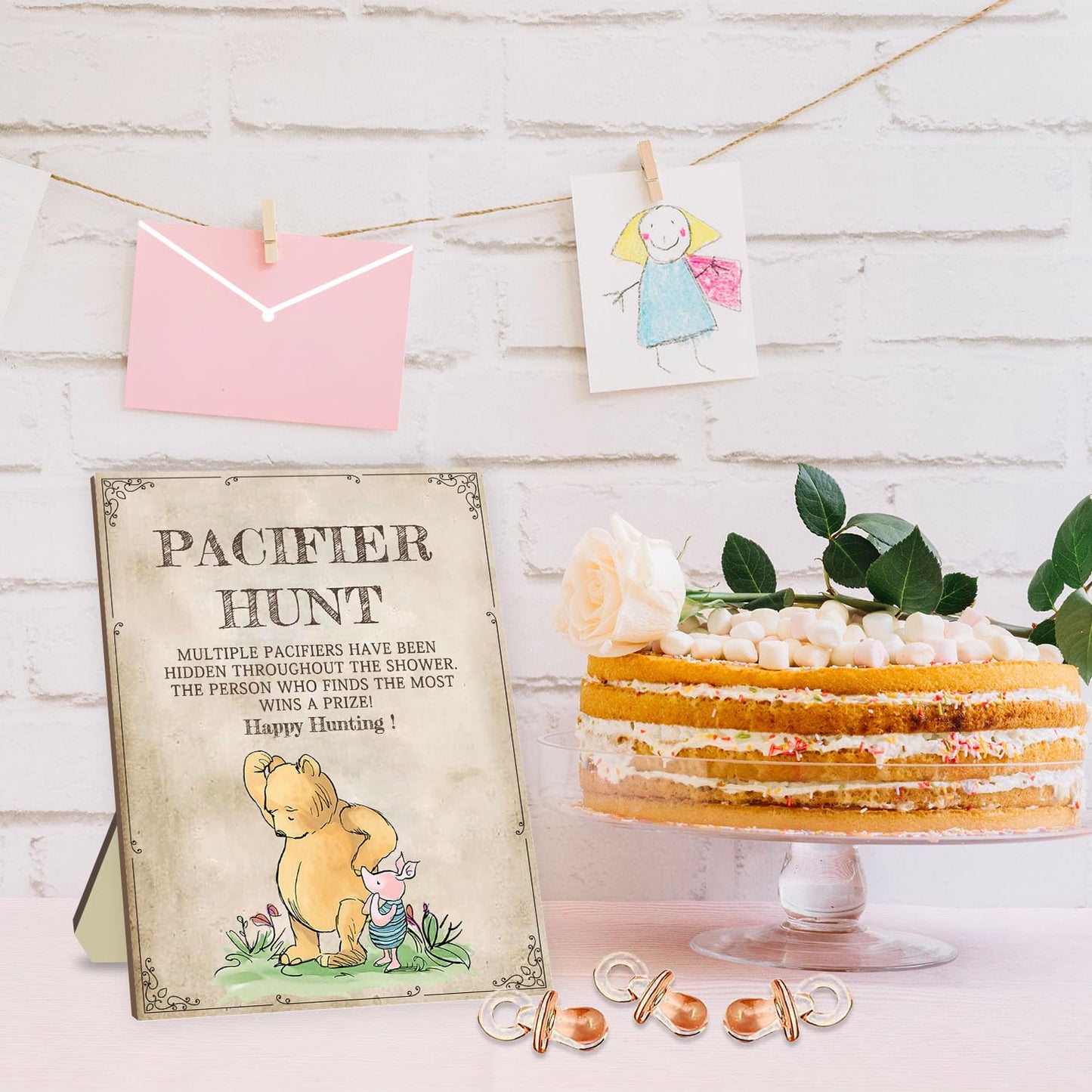 Classic Winnie Pacifier Hunt Sign For Baby Shower Game, 1 Winnie Pacifier Hunt Sign And 50Pcs Brown Mini Pacifiers Decor For Bab