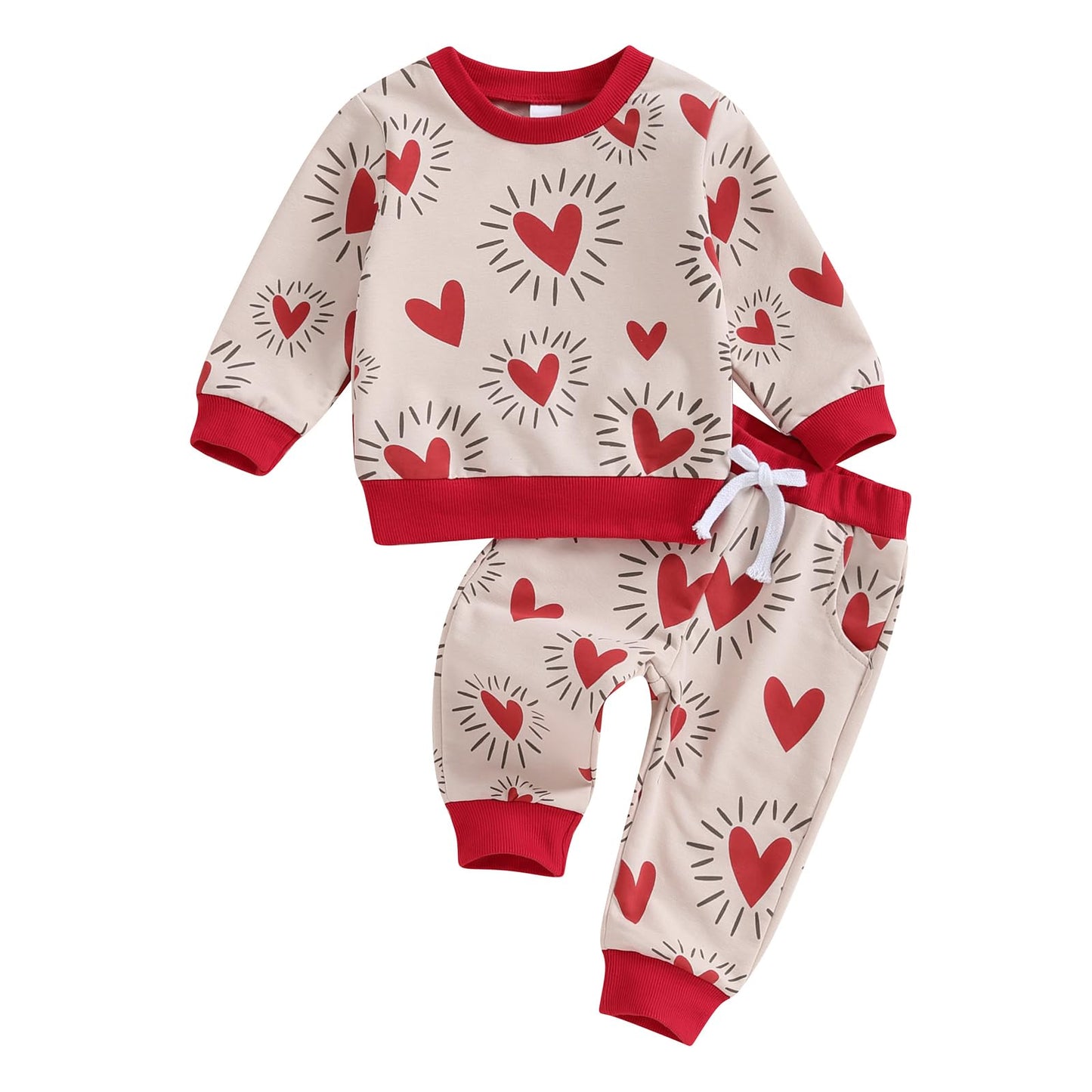 Engofs Toddler Baby Boy Girl Valentine'S Day Outfit Hearts Sweatshirt Pants My First Valentines Baby Clothes Set Khaki 2-3T
