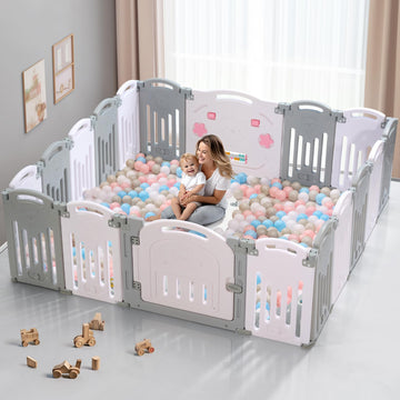 Uanlauo Baby Playpen, 18 Panel Foldable Play Yard for Toddlers, Easy Assemble Safety Baby Fence (Grey+White)
