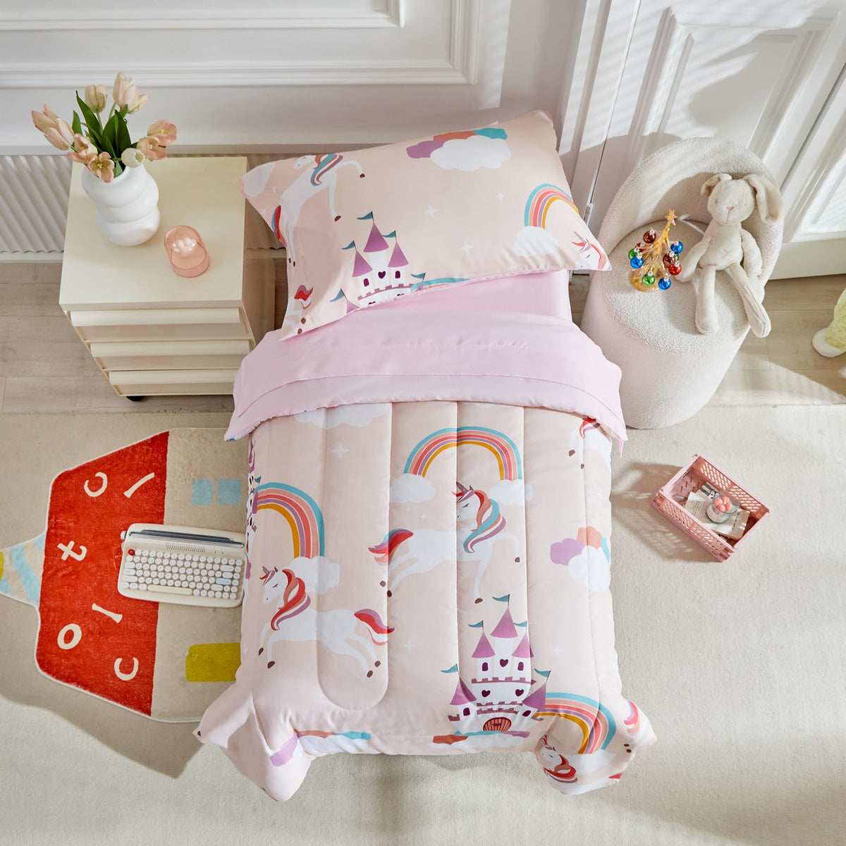 4 Pieces Toddler Bedding Set for Girls Toddler Bed Set  1 Toddler Comforter + 1 Fitted Sheet +1 Flat Sheet +1 Pillowcase