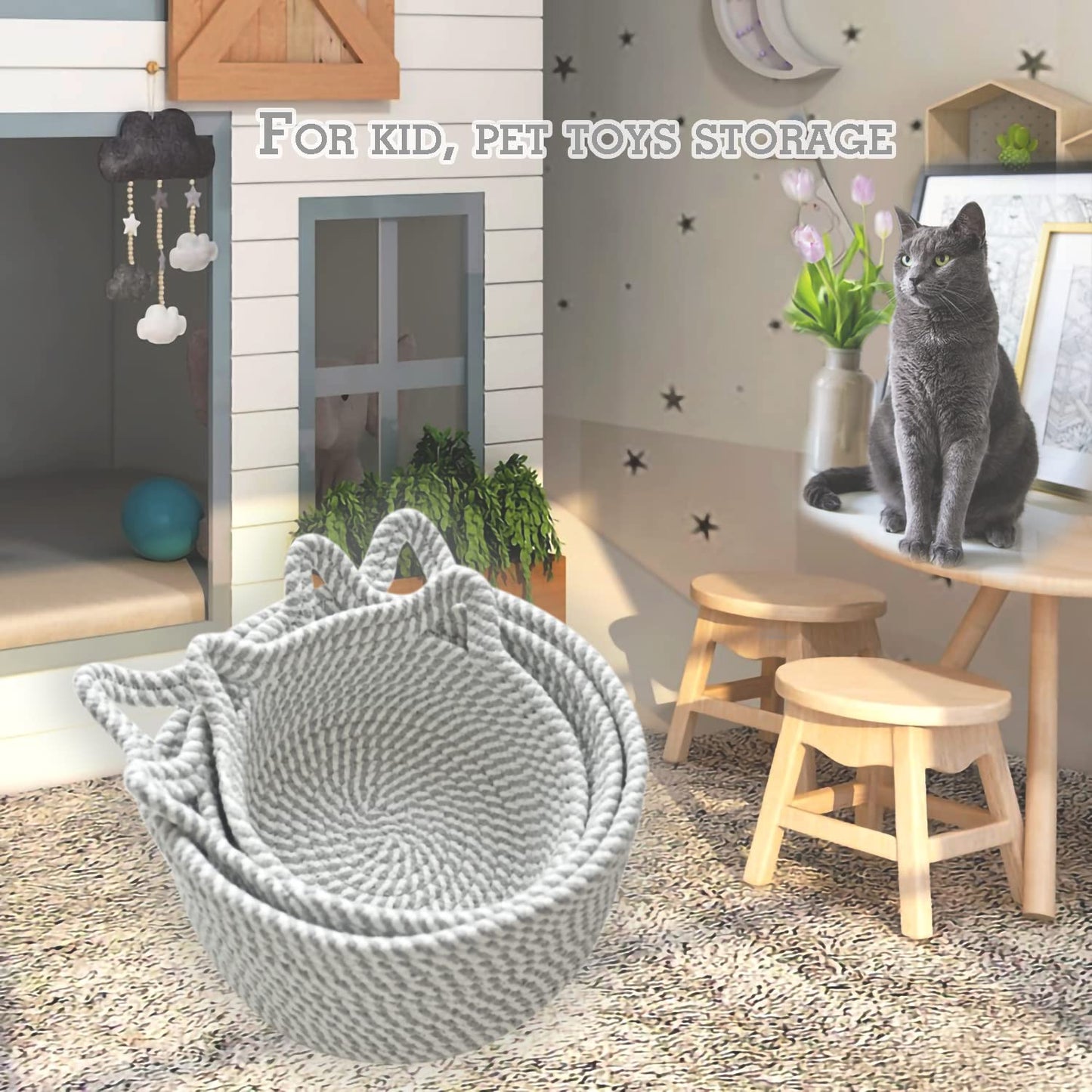 Small Woven Baskets | Mini Storage Bins | Cotton Rope Baby Nursery Organizers | Cute Round Cat Ears Basket For Organizing Desk D