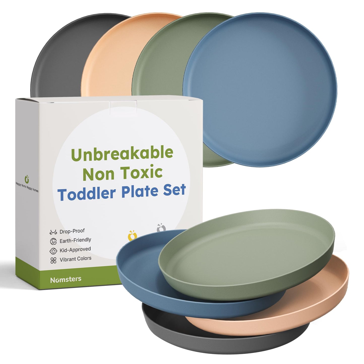 Nomsters Unbreakable Toddler Plates for Kids Baby Set of 4, 7.8 Ceramic-like Kids Dinnerware Set Baby Plates Dishwasher and Micr