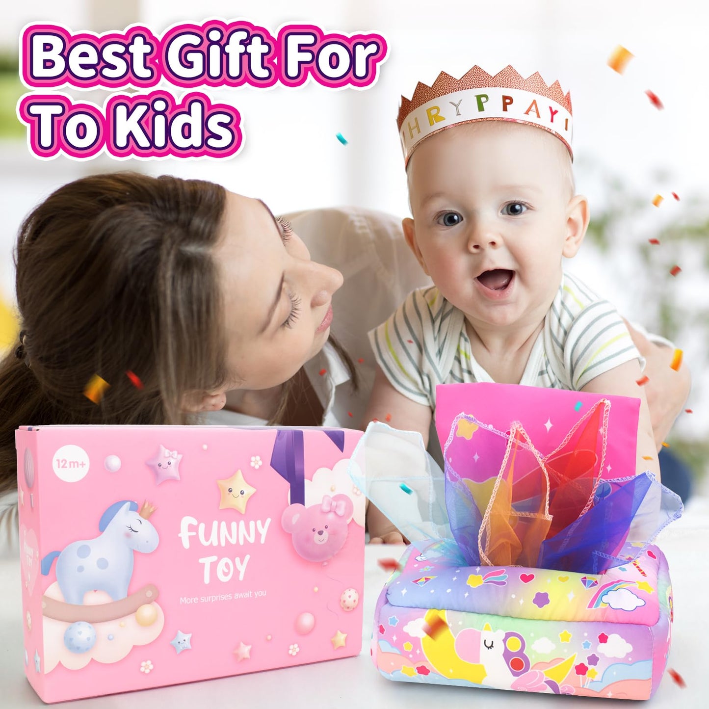 usrela Baby Toys 6 to 12 Months - Tissue Box Toy, Baby Toys for 6 12 18 Months, Unicorn Tissue Learning Toys with Alphabet Numbe