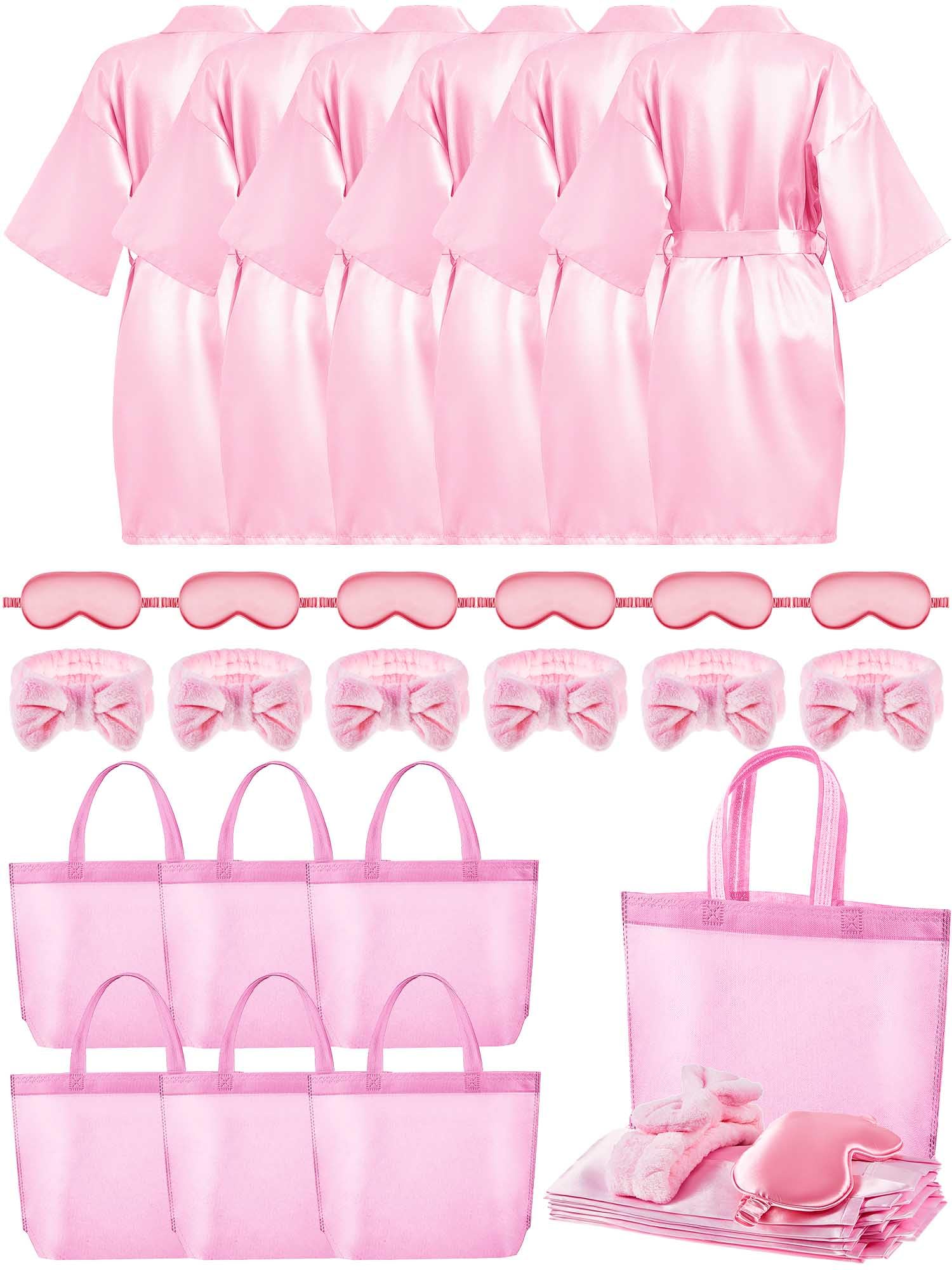 Sintuff 24 Pcs Sleepover Party Supplies For Girls 6 Spa Party Robes 6 Tote Bags 6 Headbands 6 Spa Masks(Size 12,Pink)