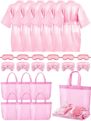 Sintuff 24 Pcs Sleepover Party Supplies For Girls 6 Spa Party Robes 6 Tote Bags 6 Headbands 6 Spa Masks(Size 12,Pink)