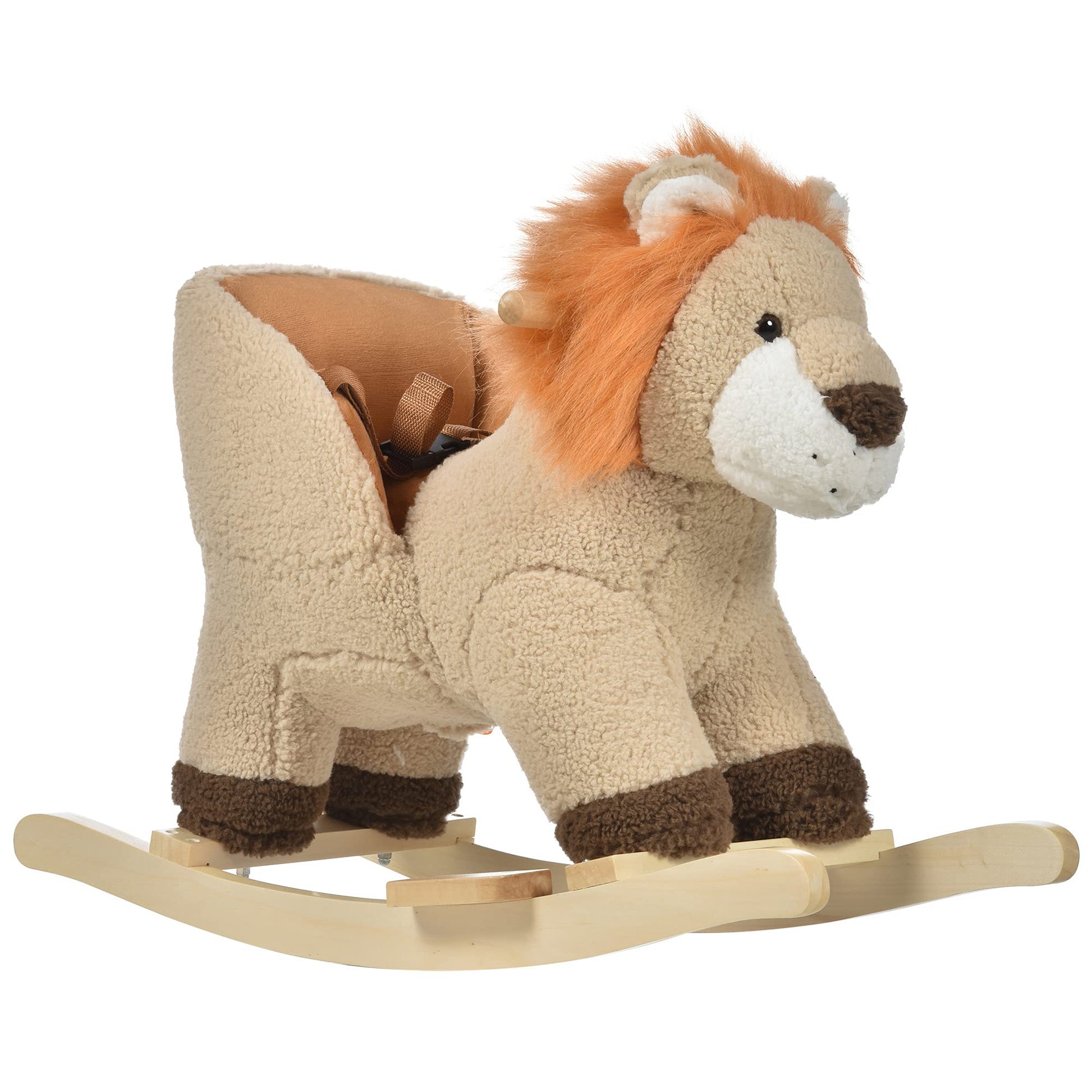 Qaba Baby Rocking Horse Lion with Sound, Plush Stuffed Rocking Animals, Wooden Rocking Horse with Seat Belt for 18-36 Months Boy