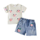 YINGISFITM Toddler Baby Girl Clothes Summer Floral Print Short Sleeve Tee Shirt Jeans Shorts Cute Outfit Girls Clothing Set (Cre