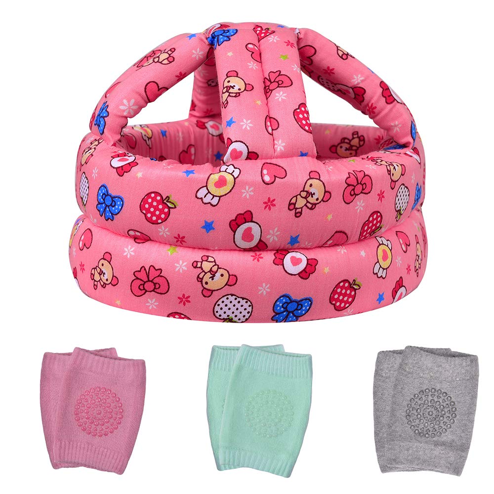 Toraso Baby Helmet & Knee Pads For Crawling & Walking, 6-36 Months, Pink Cotton