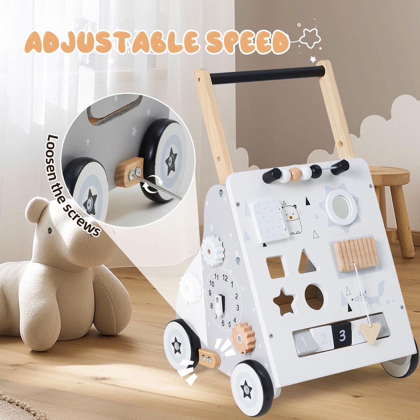 PTINFLUCE Wooden Baby Walker, Baby Push Walker with Wheel, Push and Pull Toys Learning to Walk, Montessori Walker Toy for Kids D