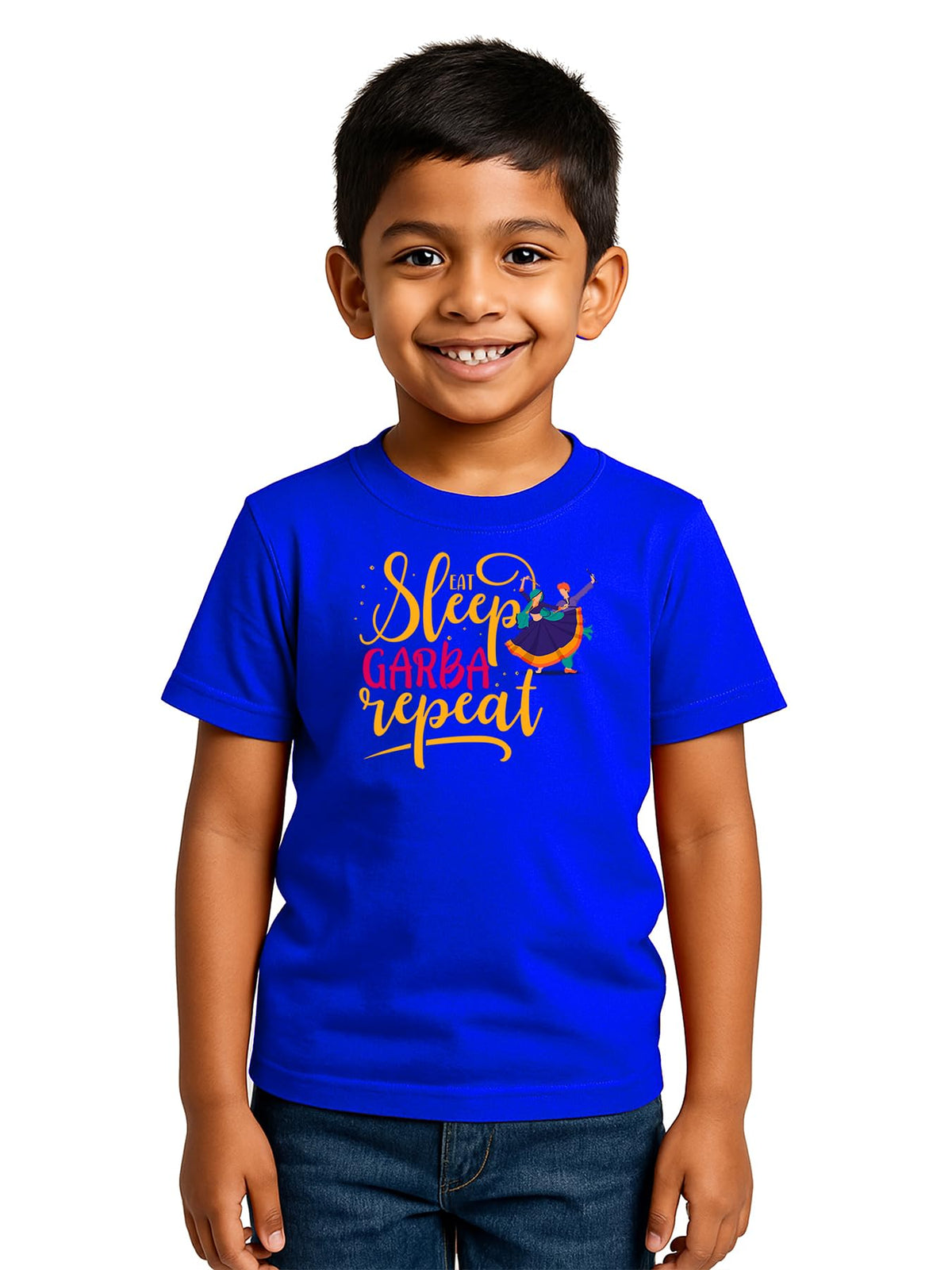 Caseria KidS Cotton Graphic Printed Half Sleeve TShirt  Eat Sleep Garba (Royal Blue, 612 Months)